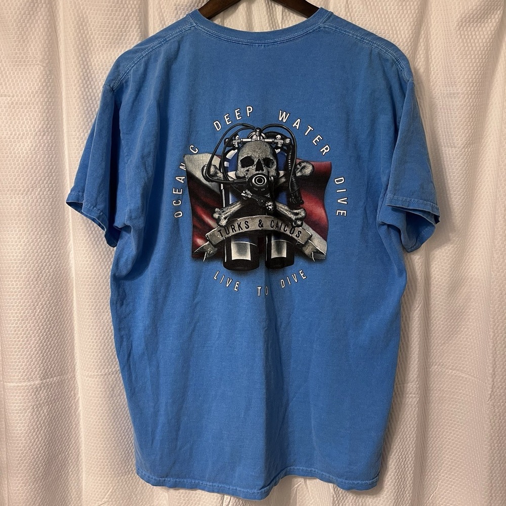 Turks & Caicos Blue 84 Brand Large Travel‎ Island Vacation Money Dive Tee EC